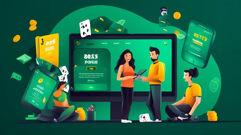 Create a vibrant and engaging illustration that visually represents the process of getting started with Bet365 Poker. The image should depict a user-friendly computer or mobile device screen displaying the Bet365 Poker website, with a clear step-by-step guide for account setup. Include icons or illustrations of various poker games like Texas Hold