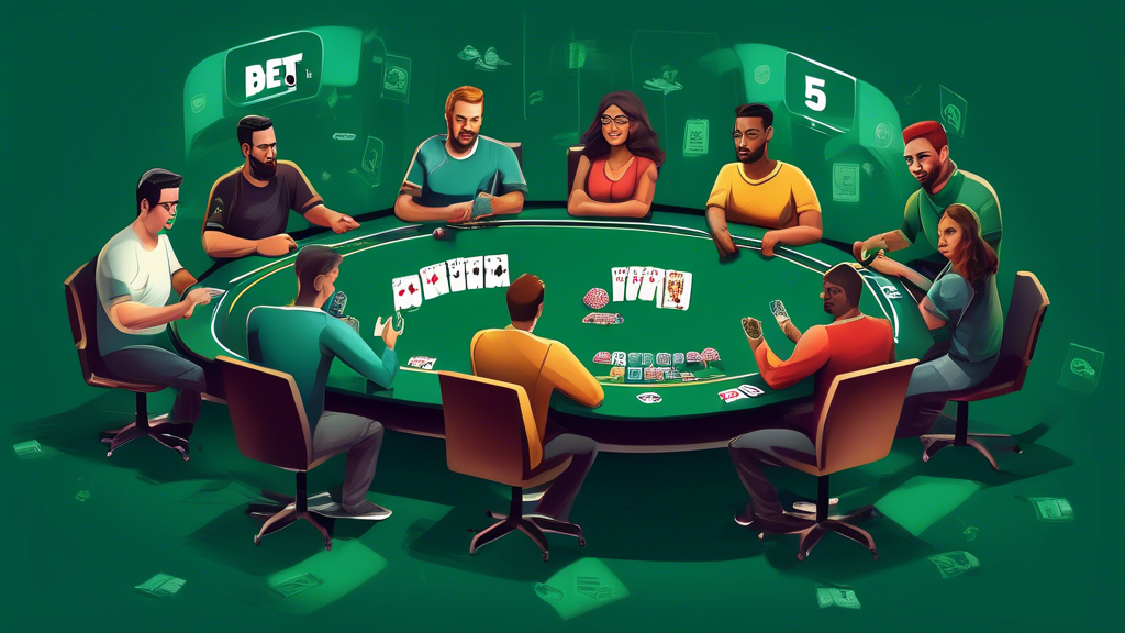 Create an engaging and informative illustration that represents strategies for success in Bet365 Poker. The image should feature a diverse group of players at a virtual poker table, actively discussing strategies and looking at various resources such as tutorials on their devices. Include icons or symbols representing different poker strategies, like a winning hand or charts showing odds, alongside elements depicting community engagement, such as chat bubbles or forum threads. The overall atmosphere should be lively and focused, capturing the essence of learning and improving in the world of online poker.