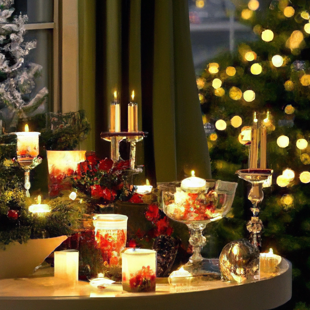 Create an image that showcases a cozy living room adorned with electric Christmas candles in various creative setups. The scene includes a beautifully decorated dining table centerpiece featuring electric candles of different heights and colors, surrounded by evergreen branches and festive ornaments. Nearby, a window display features electric candles flickering gently alongside a string of holiday lights, casting a warm glow. Outside, the porch is illuminated with electric candles lining the walkway, creating a welcoming holiday atmosphere. In one corner, a small DIY project shows a handmade electric candle holder crafted from recycled materials, adding a personal touch. The overall ambiance is festive, inviting, and filled with innovative uses of electric Christmas candles.