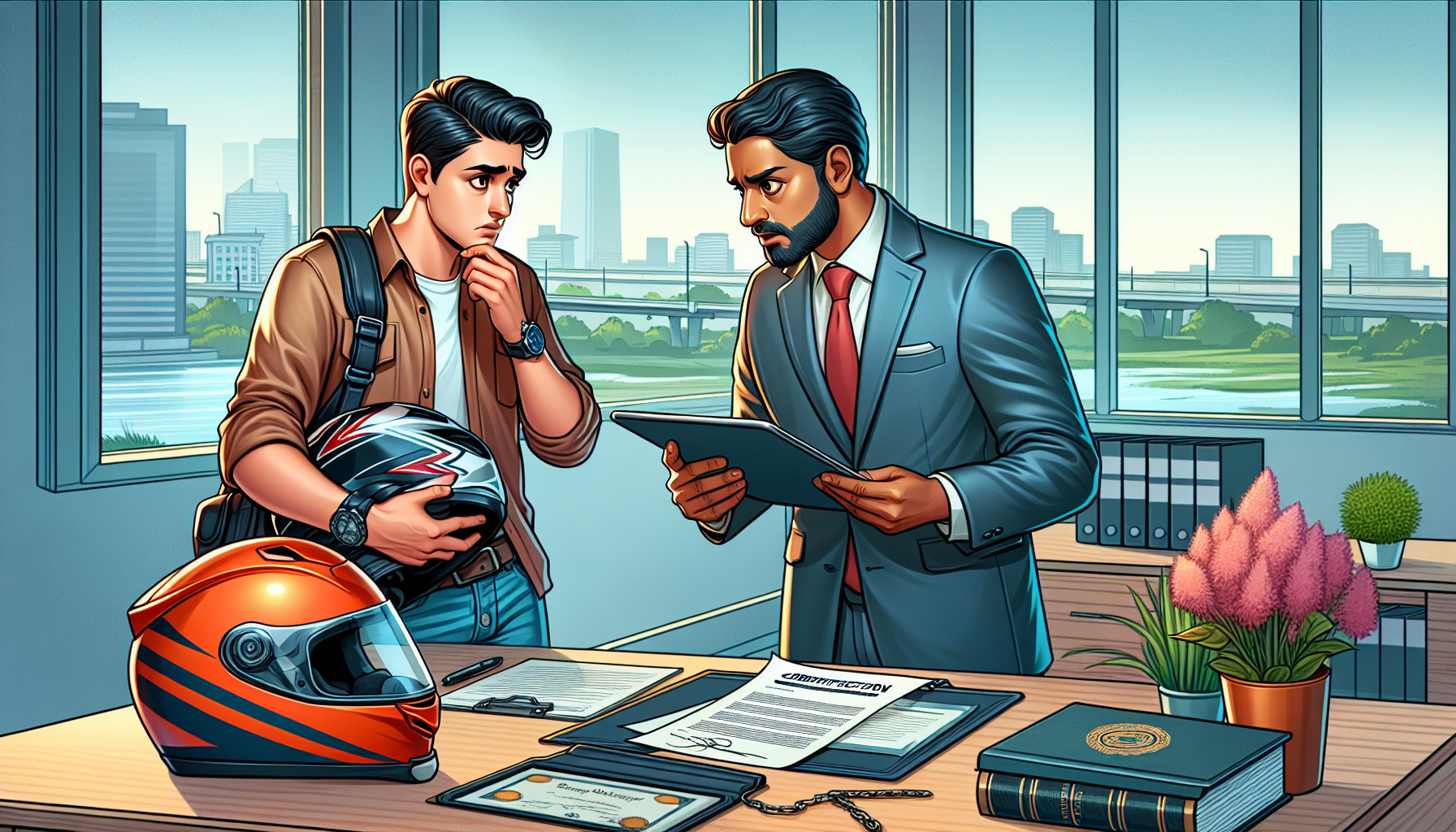 An image of a concerned motorcyclist in consultation with a professional, knowledgeable motorcycle crash lawyer in a modern office setting. The lawyer is showing documents and explaining case details on a digital tablet, while the motorcyclist, wearing casual attire and holding a motorcycle helmet, listens intently. The office is decorated with legal books, a motorcycle law certification, and has a serene city view through large windows. Captions highlight keywords such as 