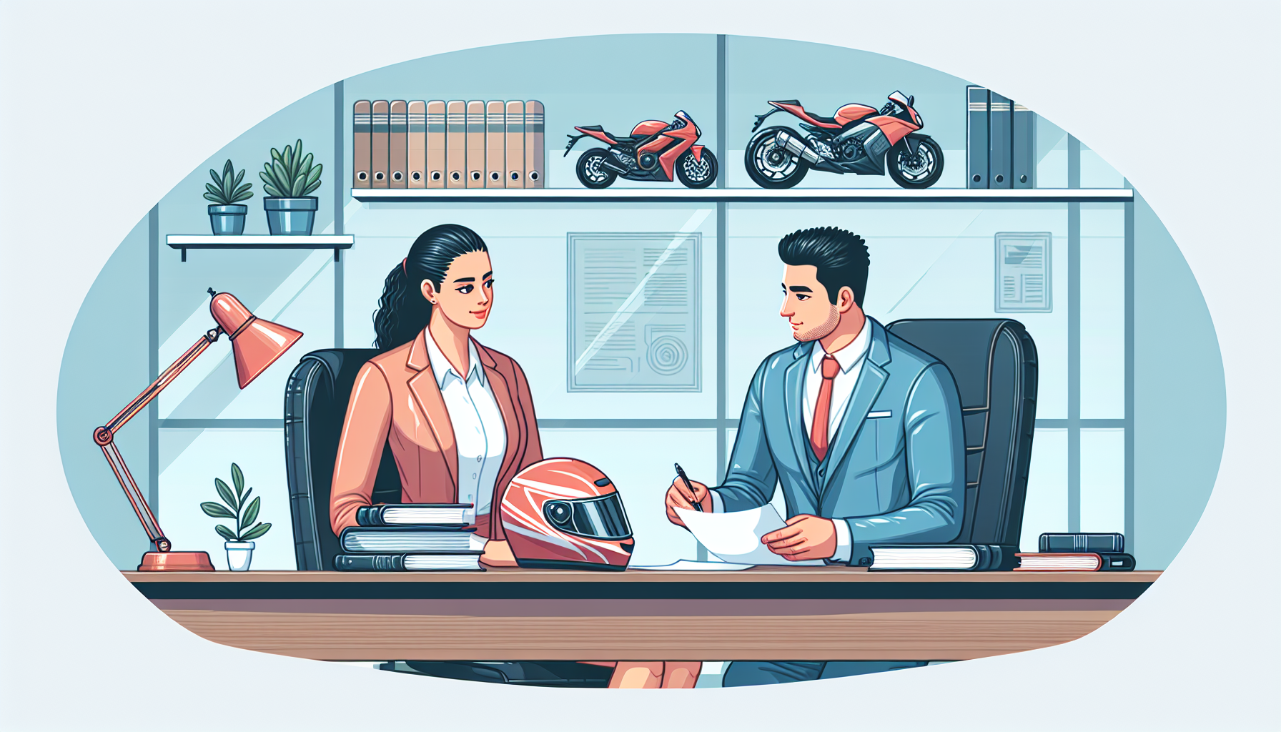 An experienced motorcycle crash lawyer and client discussing strategies over documents and motorcycle law books in a well-lit modern office, emphasizing the importance of professional legal representation for optimal outcomes.