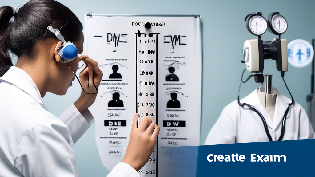 Prompt for DALL-E: Create an image depicting the key components of the DMV physical exam requirements. The image should illustrate a doctor conducting a vision test with an eye chart, a hearing test using headphones, and assessing physical health with a stethoscope. The setting should be a well-lit examination room, featuring medical equipment commonly used for these assessments. Include a diverse group of individuals representing different ages and backgrounds waiting for or undergoing their DMV physical exam, emphasizing the importance of compliance for licensing eligibility.