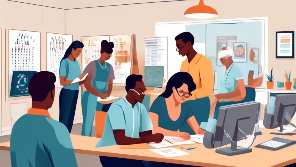 Create an image that visually represents the preparation process for a DMV physical exam. The scene depicts a diverse group of individuals in a well-lit, organized office setting, each engaged in various aspects of preparing for their DMV physical exam. Some people are reading pamphlets on vision and hearing tests, others are consulting with medical professionals, and a few are using devices like eye charts or hearing test headphones. Around them, informational posters provide tips and best practices for ensuring a smooth exam experience. The atmosphere is supportive and encouraging, emphasizing readiness and confidence. Include a range of resources such as brochures, charts, and interactive tools to reflect the comprehensive preparation described in the outline.