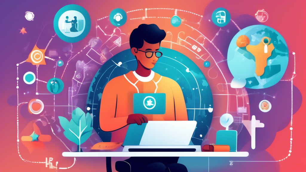 Create an image depicting a person at a computer, surrounded by digital icons representing various online resources for finding medical services. Icons include a magnifying glass symbolizing search engines, a map with a location pin for map apps, a health directory book, and stars representing review platforms. The background features a world map with dotted lines connecting different 7D physical exam locations, emphasizing the global availability and convenience of finding these centers. The image should convey ease of search and navigation, with a warm, friendly color palette inviting viewers to explore their options.