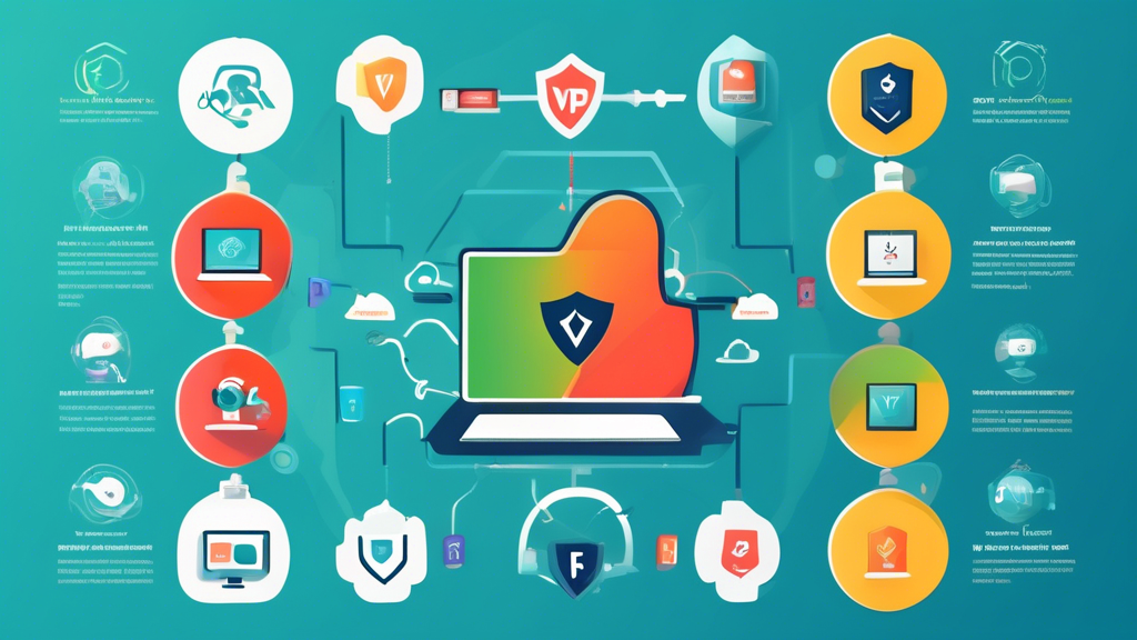 Create an informative illustration showcasing the top 5 free VPNs for PC. The image should feature a vibrant, modern design with a table-like layout comparing these VPNs. Each section should highlight a different VPN with its logo, key features, advantages, and disadvantages. Incorporate visual elements such as security icons, data speed indicators, and user-friendly symbols to emphasize the important criteria for choosing a VPN. Include a sleek computer in the background to represent the PC user environment.