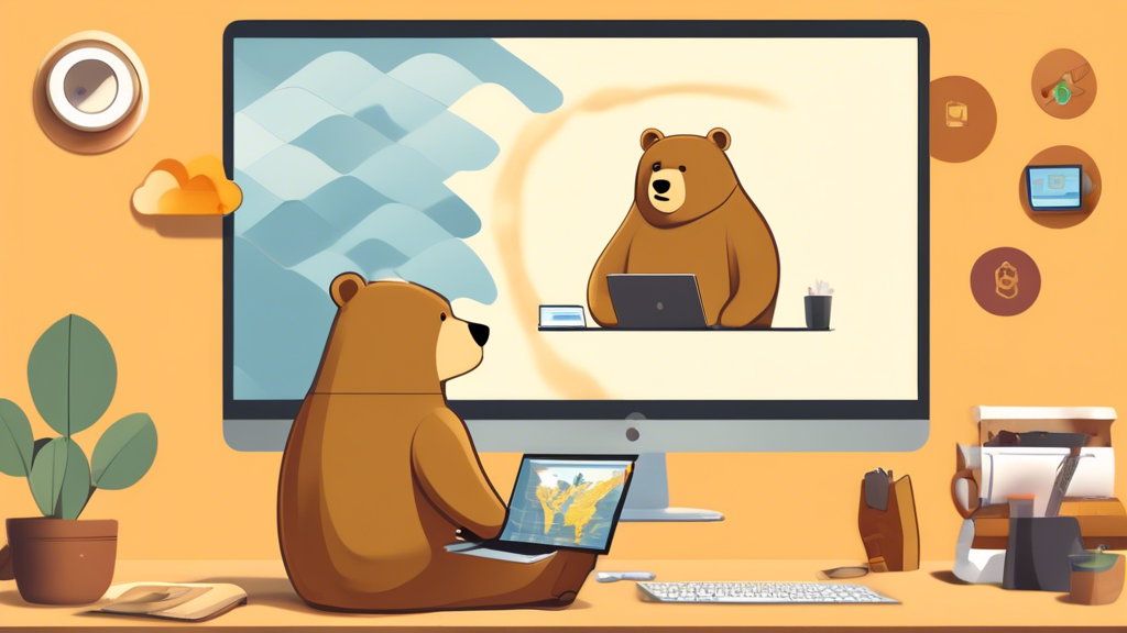 Create an image that illustrates the concept of safe browsing with TunnelBear VPN. The scene should depict a cozy and modern workspace where a person is working on a laptop. The screen displays the TunnelBear VPN interface, showing a friendly bear mascot and options for connecting to different countries. Include elements that symbolize online privacy, such as a lock icon, a cloud of protection, and a world map indicating global access. The ambiance should convey a sense of security and comfort, emphasizing the benefits of using a VPN for protecting privacy and accessing content freely on public Wi-Fi networks.