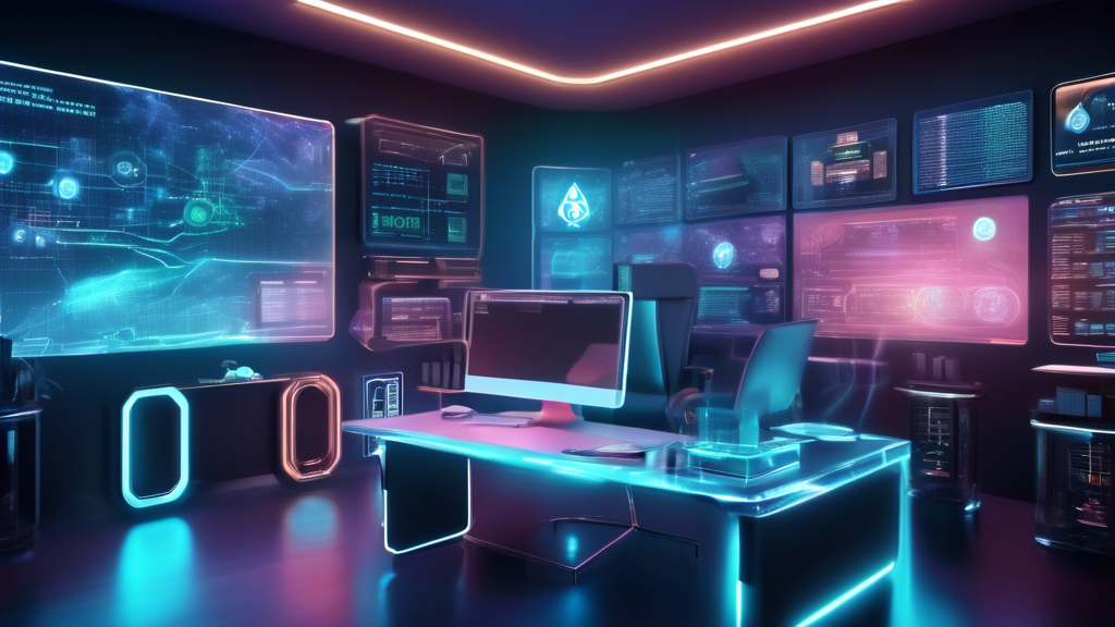 Create an image that depicts a futuristic scene in 2024, showcasing a sleek, modern home office with a high-tech computer screen displaying a secure cryptocurrency transaction. The room is filled with digital security elements, such as holographic firewalls and encryption symbols floating around the monitor. In the background, a digital display scrolls through the latest crypto market news, highlighting best site to buy crypto as a keyword. The atmosphere conveys a sense of safety and cutting-edge technology, illustrating essential tips for safely purchasing cryptocurrency from reputable sites.