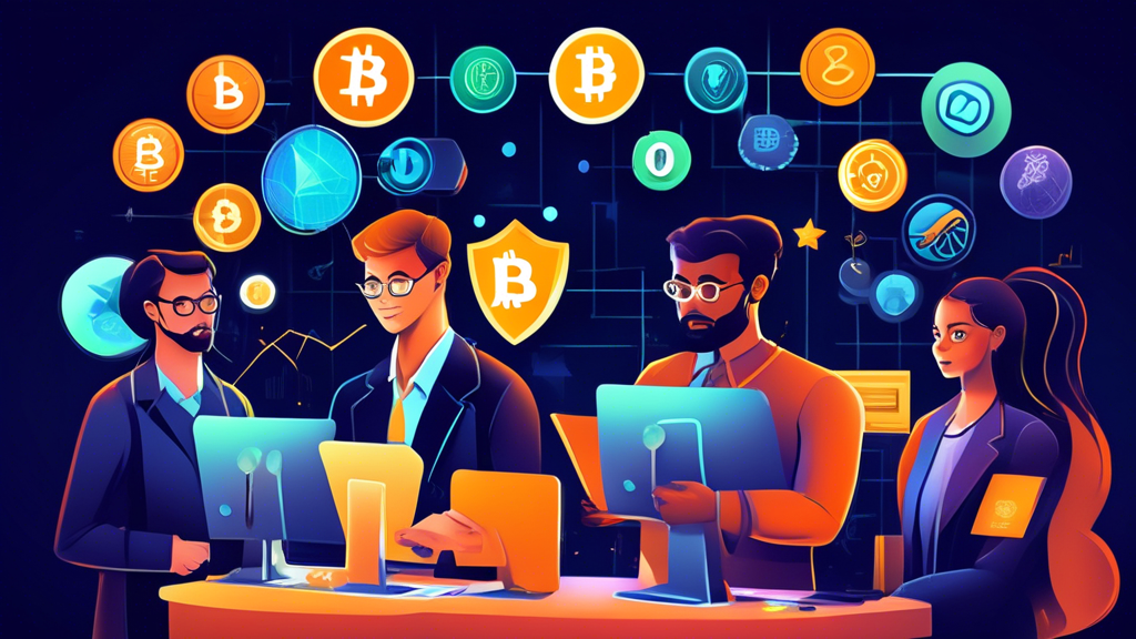 Create an image depicting a diverse group of investors, each intently examining different aspects of choosing the right cryptocurrency broker. Illustrate a wide range of elements symbolizing criteria such as reputation (a glowing star or badge), fees (a magnifying glass over a price tag), and offered features (a variety of icons like charts, security shields, and diverse currency symbols). The scene should convey a sense of decision-making and analysis, with digital elements subtly integrated to enhance the futuristic and tech-savvy vibe associated with the crypto world. Include the keyword cryptocurrency brokers subtly in the background.