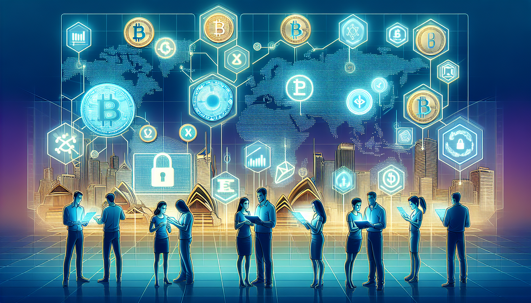 Create an image depicting a futuristic digital marketplace with various cryptocurrency symbols floating in the air. The scene should feature a diverse group of people examining digital screens showcasing exchange rates and platform features. Include visual elements representing security and regulation, like padlocks and regulatory icons, to highlight the focus on safety and compliance. Add subtle hints of Australia, such as the Sydney Opera House in the background, to emphasize the location-specific theme of choosing the best Australian crypto exchange.