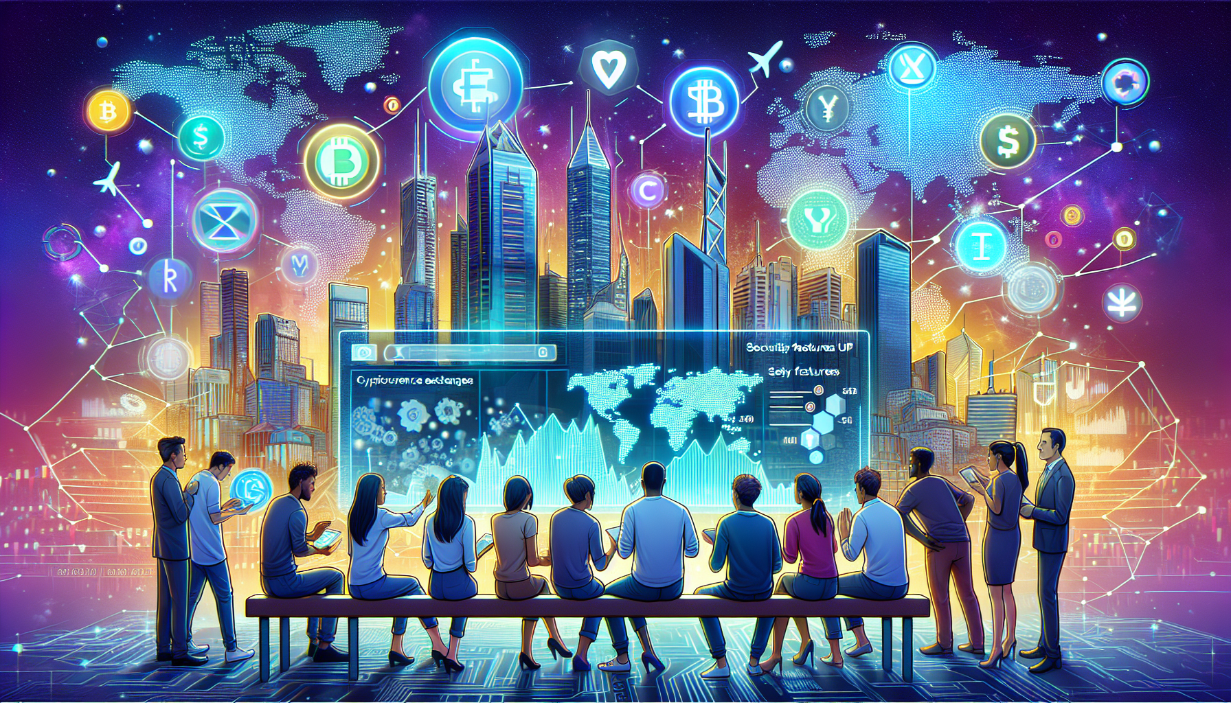 Create an image depicting a futuristic Australian skyline with digital elements and holograms representing cryptocurrency exchanges in the sky. In the foreground, a group of diverse investors, including a seasoned trader and a young tech enthusiast, are gathered around a digital screen showing a comparative analysis of popular Australian crypto exchanges like Independent Reserve, CoinSpot, and BTC Markets. The screen displays charts, graphs, and security features, symbolizing expert advice and strategic investment planning in the cryptocurrency market. The overall vibe is one of innovation and informed decision-making in the world of crypto investments.