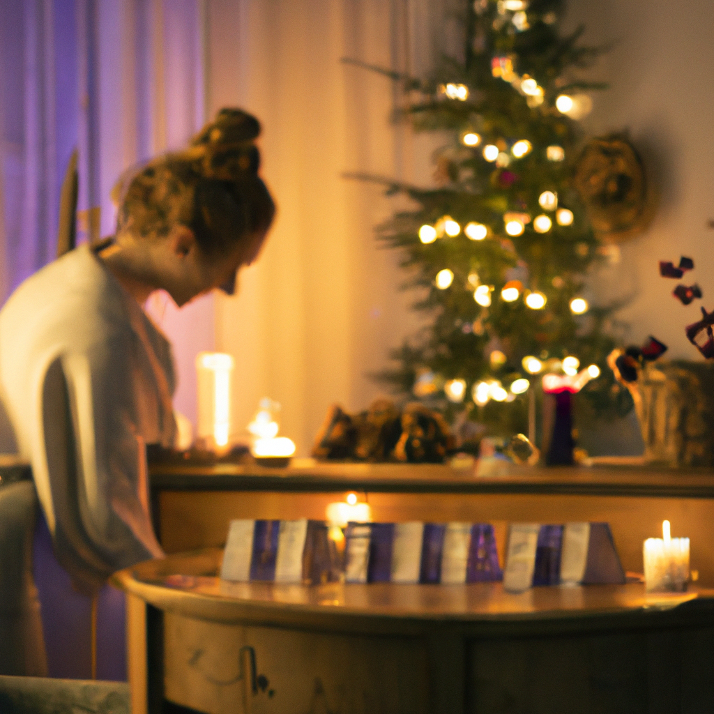 An image depicting a cozy living room adorned with various Christmas decorations. A person is thoughtfully choosing a scented candle from a collection displayed on a wooden shelf. Each candle is labeled with different festive scents like Cinnamon Spice, Gingerbread, Pine Forest, and Vanilla Snow. The room is softly illuminated by the glow of fairy lights, with hints of holiday decor such as a wreath on the door and a plush, red-and-green plaid throw on the couch, evoking a warm and inviting atmosphere perfect for the holiday season. The scene captures the essence of selecting the perfect Christmas candle scent to complement personal preferences and create a cozy holiday ambiance.