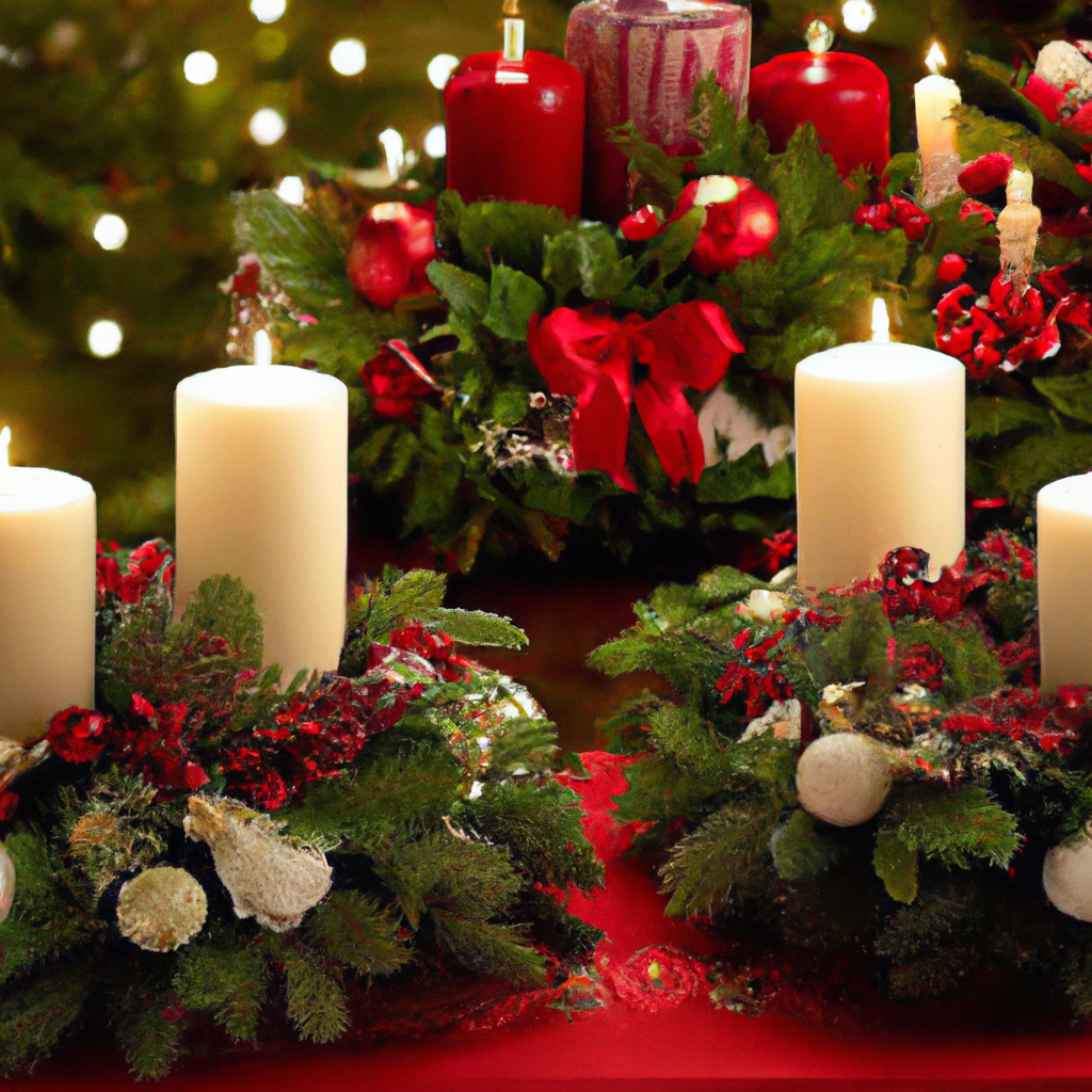 Create an image of a beautifully decorated holiday table, featuring an array of elegantly designed Christmas candles as the centerpiece. The candles should emit a warm, inviting glow, with subtle hints of winter greenery and ornaments around them. The scene should capture a cozy and festive atmosphere, highlighting creative ways to use the candles within holiday decor. The setting should feel both luxurious and welcoming, embodying the spirit of a joyful holiday celebration through the use of best smelling Christmas candles.