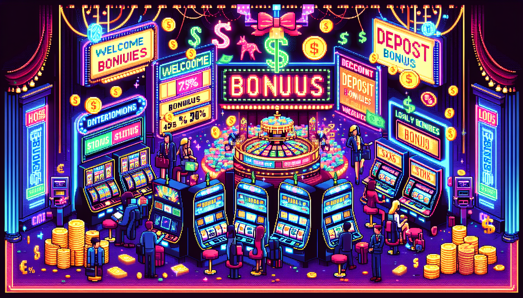 Create an image depicting a vibrant and lively casino scene with various colorful banners and digital displays showcasing different types of bonuses and promotions at Jackpot Casino. Include visual representations of welcome bonuses, deposit bonuses, and loyalty rewards, with animated dollar signs and percentage symbols to emphasize the potential for extended playtime and increased winnings. The scene should convey a sense of excitement and opportunity, with players cheerfully engaging with slot machines and gaming tables, as they consider using their bonuses strategically. Ensure the inclusion of detailed text outlining bonus terms and conditions, subtly integrated into the imagery, to encapsulate the informative aspect of maximizing these promotions.