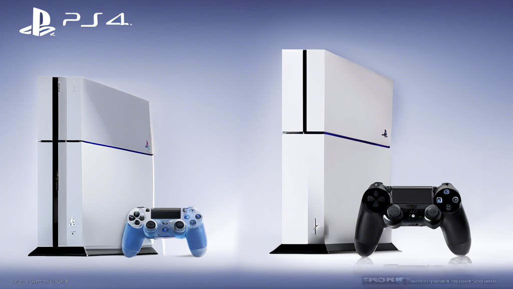 **DALL-E Prompt:** Create an illustrative comparison image showcasing the new PlayStation 4 console alongside the original PlayStation 4 model. Highlight the differences in design aesthetics, with the new console having a sleek, modern look and updated user interface. Include visual elements that represent improvements in backward compatibility and game library, such as game titles or icons transitioning from the old model to the new one. Use a dynamic background that suggests gaming excitement and technological advancement.