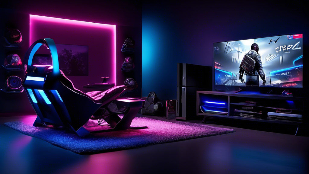 Create an image that showcases a gaming setup for the new PlayStation 4 console. The scene should include the console prominently displayed with a sleek design, surrounded by recommended games that highlight diverse genres. Showcase accessories like a high-quality gaming headset, an ergonomic controller, and a vibrant gaming chair. Include a television displaying an exciting game scene, with ambient gaming lights in the background for an immersive feel. The overall atmosphere should be inviting and energizing, emphasizing the elevated gaming experience our tips promise.