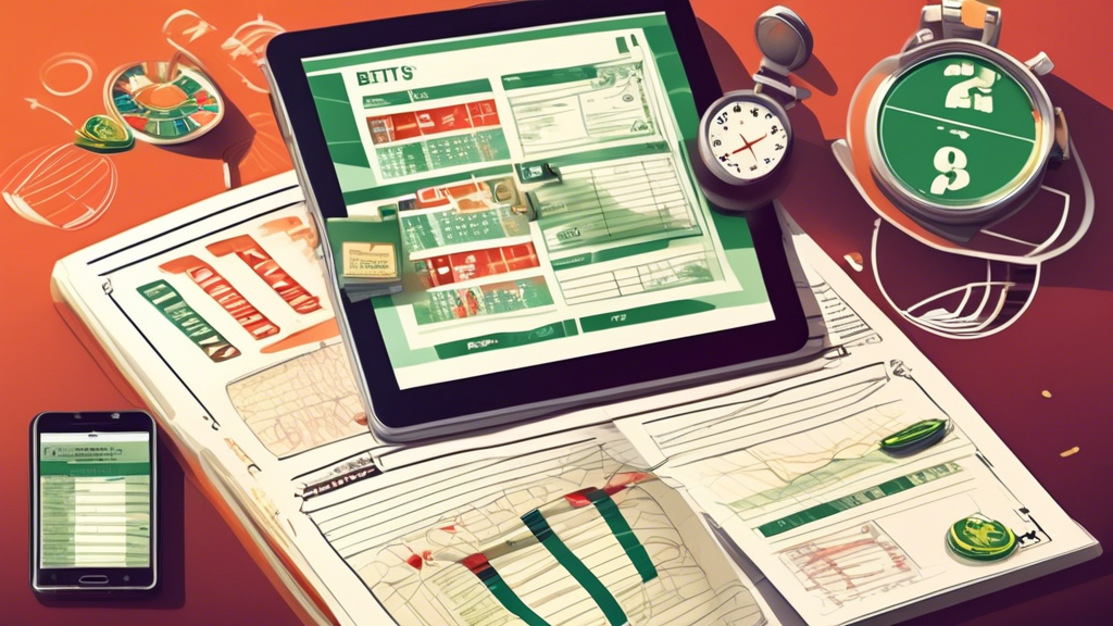 Create an engaging and informative illustration depicting essential tips for successful sports betting. Include visual elements that represent bankroll management, such as a stack of money and a budget sheet. Incorporate symbols of discipline, like a stopwatch and a notebook for tracking bets. Show trustworthy sportsbooks with logos or digital versions of betting apps. Add charts or graphs to represent statistics and expert predictions. Frame the scene in a lively sports betting environment, showcasing fans, athletes, and screens displaying game statistics. Use vibrant colors to convey excitement and strategy in sports betting.