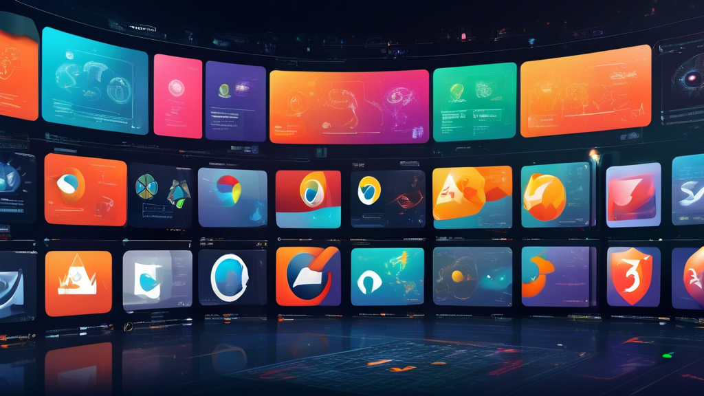 Create an image showcasing a futuristic, sleek digital interface representing a comparative analysis of top browsers for accessing blocked sites in 2023. Display various browser logos arranged in a matrix form with highlighted features like speed, security, user-friendly interface, and device compatibility visualized through dynamic icons and graph overlays. Include user ratings illustrated with star icons and expert comments in speech bubbles. Use a modern, tech-forward aesthetic with glowing, holographic elements to emphasize advanced technology and innovation.