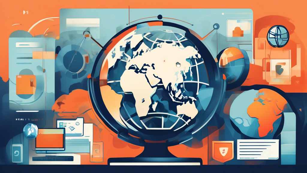 Create an image depicting a digital landscape that merges elements of security and legality, with visual representations of a browser window exploring blocked sites. Include symbolic icons of a shield and a gavel to signify safety and legal considerations. The browser window should feature abstract graphics of VPN and proxy servers, with a globe subtly integrated to suggest international aspects. Use a color palette that blends secure blue tones with cautionary reds to emphasize the dual focus on accessing information safely and legally.