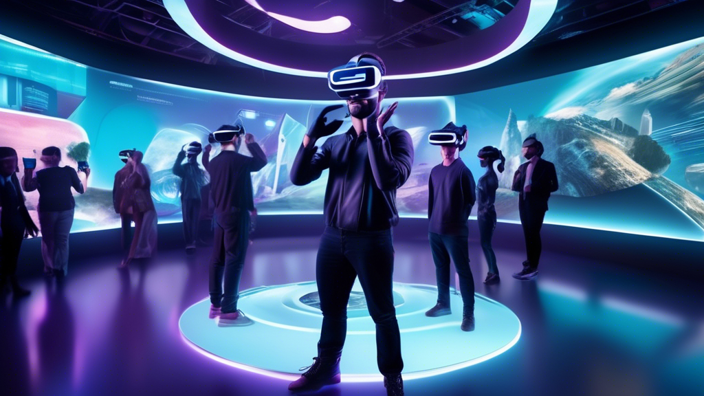 Create an image that showcases a futuristic virtual reality entertainment exhibition. The scene should feature attendees wearing sleek VR headsets, engaging with immersive experiences. Include representations of various VR entertainment companies through their cutting-edge projects, such as interactive 3D worlds, holographic performances, and augmented reality games. Highlight the diversity and innovation of these companies by displaying their logos subtly in the environment. Use vibrant colors and dynamic lighting to convey a sense of excitement and technological advancement in the world of VR entertainment.