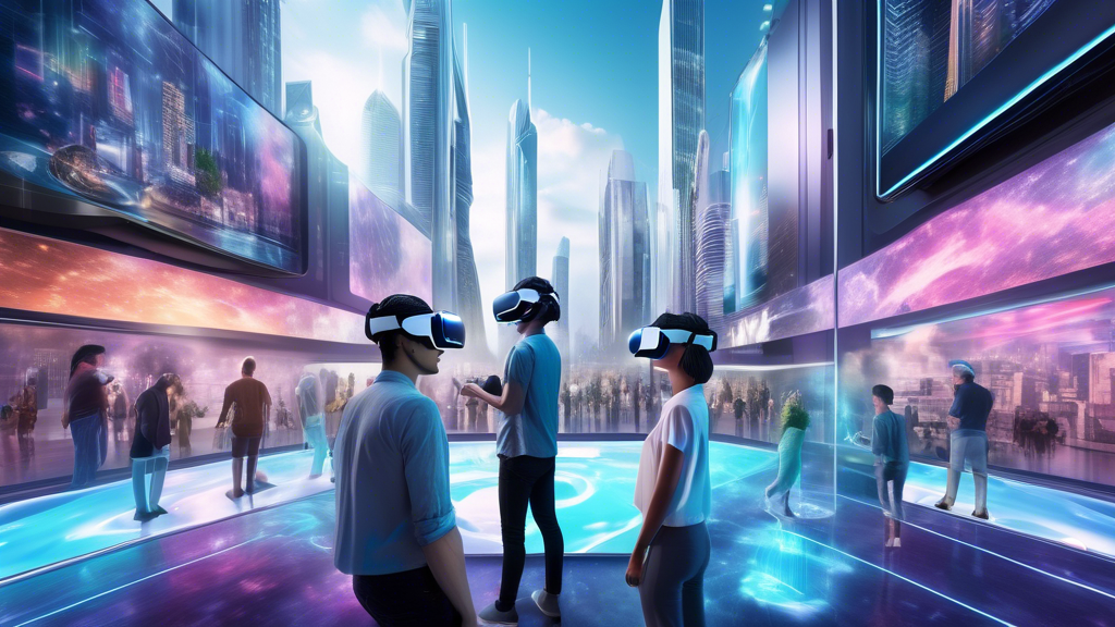 Create an image that illustrates a futuristic cityscape where VR entertainment is an integral part of daily life. Include vibrant digital billboards showcasing immersive VR experiences, with people wearing sleek VR headsets interacting with holographic displays and virtual characters on the streets. In the background, feature modern skyscrapers with transparent glass walls, allowing glimpses of people inside floating in simulated VR environments. Capture the energy and excitement of a world where VR entertainment companies have transformed the way people engage with entertainment, highlighting the seamless integration of virtual and real worlds.