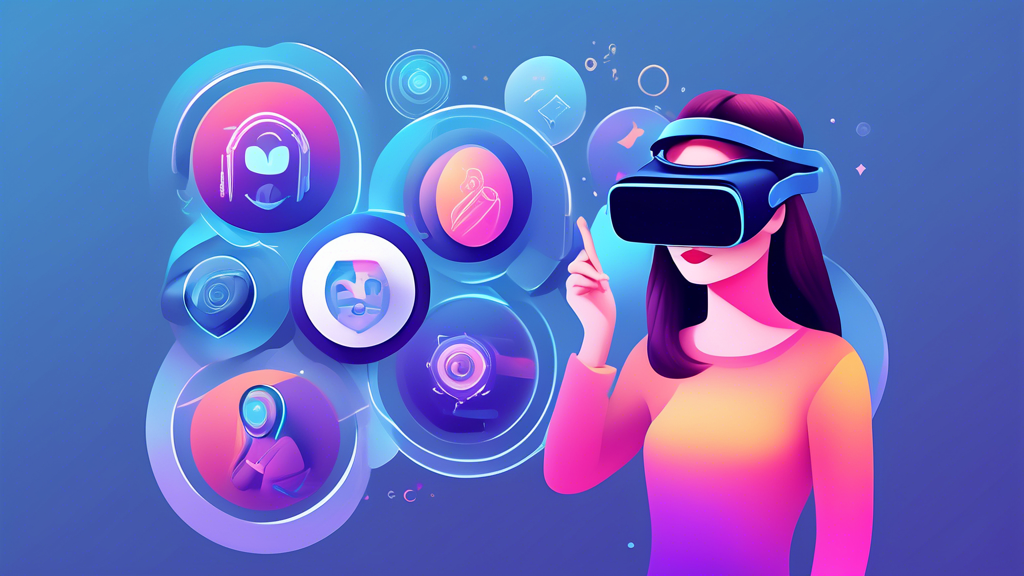 Create an illustration that represents the concept of selecting the best VR adult site. The image should depict a virtual reality headset with a holographic interface displaying multiple icons representing various criteria to consider when choosing a site. These icons should include symbols for content variety (such as diverse avatars), video quality (a film reel or HD symbol), user interface (touchscreen or user-friendly icon), security (a padlock), and user feedback (a star rating system). The overall design should convey a sense of technology and privacy, capturing the modern and innovative nature of virtual reality.
