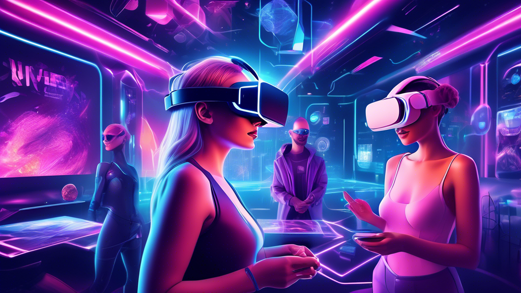 Prompt: Create a vibrant and engaging digital illustration showcasing a futuristic virtual reality hub dedicated to adult entertainment. The scene should feature a sleek interface displaying a curated list of the top VR adult sites of 2023, each represented by distinctive icons and logos. Include visual elements such as floating holographic menus displaying unique features, content offerings, and subscription models. The background should suggest a high-tech, immersive environment with hints of VR headsets and devices. Use a palette that conveys a sense of innovation and exploration, appealing to users seeking cutting-edge VR experiences. Make sure the image is suggestive of virtual reality while maintaining a tasteful and creative approach.