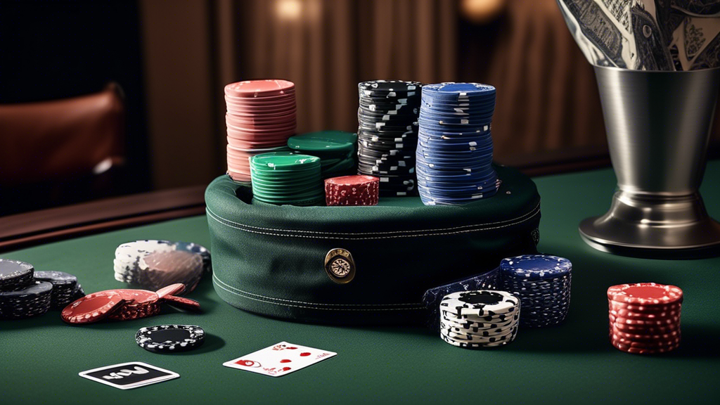 Create an image showcasing a high-quality poker set on a stylish table. The set should include a mix of clay and plastic poker chips, an elegant deck of cards, and essential accessories like dealer buttons and chip trays. Emphasize the material quality and features like portability—perhaps showing a travel bag next to the set. The background should suggest a cozy game night atmosphere, with soft lighting and a few playing cards scattered around. The overall mood should convey sophistication and the excitement of poker.