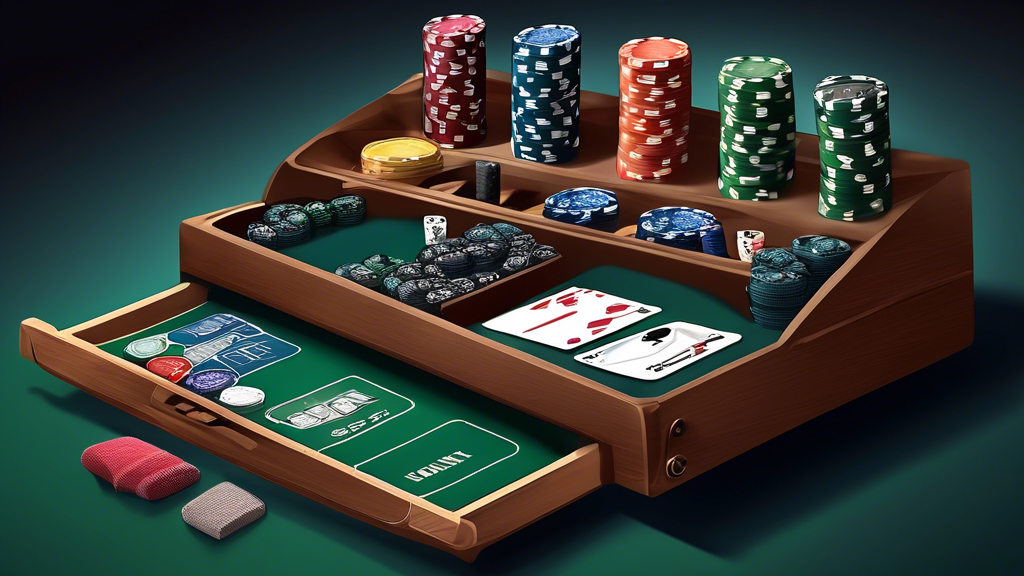 Create an engaging and informative illustration showing a well-organized poker set maintenance station. Include elements such as a cleaning kit for poker chips, neatly stacked playing cards, and organized poker accessories like dealer buttons and chip trays. The background should feature a stylish storage solution or a gaming table, highlighting tips for proper storage and handling, along with a visual representation of longevity and care for poker sets. Emphasize a clean and inviting atmosphere that reflects optimal play and longevity.
