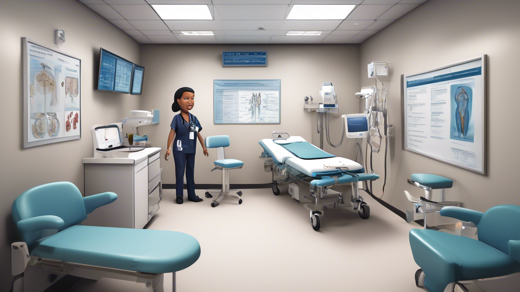 Create an image depicting a detailed and informative scene inside a clinic designed for CDL exam medical assessments. Include various elements such as a professional medical examiner conducting vision and hearing tests on a commercial driver candidate. Highlight elements such as medical charts showing cardiovascular and neurological health assessments, and icons representing common conditions like eyesight and hearing. The atmosphere should be educational, emphasizing the importance of these evaluations in ensuring the driver’s and public’s safety.