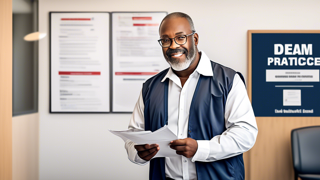 Create an image of a friendly, brightly-lit clinic reception area where a commercial driver is checking in for a CDL exam medical appointment. The driver, a middle-aged, diverse man with a determined expression, is holding a neatly organized folder of necessary documents. Nearby, a poster on the wall highlights top tips for a successful exam - such as healthy living practices, necessary documentation, and re-evaluation options - using vibrant, easily readable infographics. The receptionist, a helpful nurse with a warm smile, is gesturing towards the waiting area, creating an atmosphere of encouragement and support. The overall scene is welcoming and informative, embodying the theme of preparation and success.