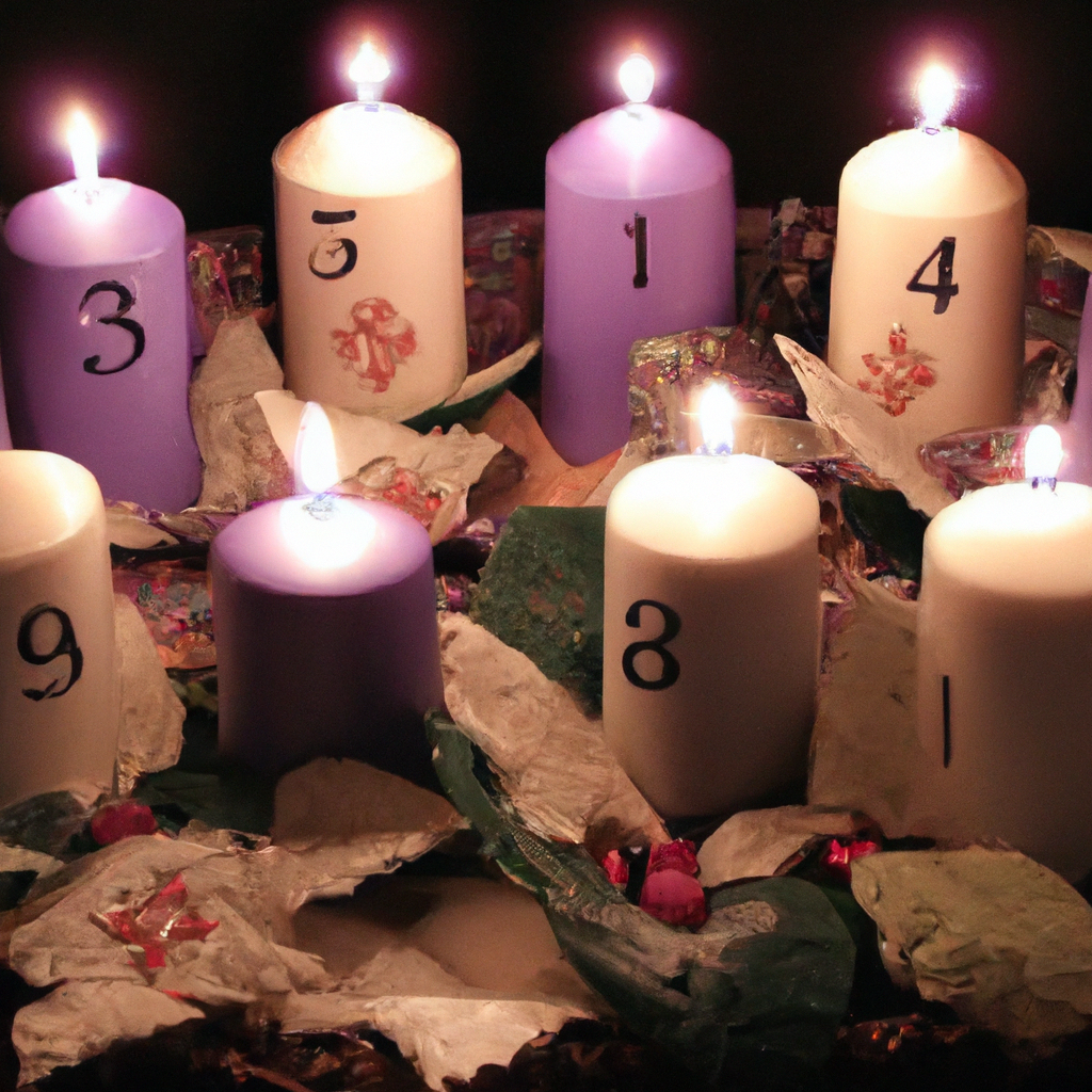 Prompt: Create an image that showcases a beautifully arranged advent candle set display. The focus is on a variety of advent candle sets, each highlighting different key features such as varied sizes, colors like traditional purple, pink, and white, unique materials like beeswax or soy, and subtle holiday scents such as cinnamon or pine. The scene is set in a cozy holiday-themed room with decorative elements like evergreen wreaths and garlands, enhancing a warm, inviting atmosphere. Highlight the visual appeal of the candles and their potential to complement diverse holiday decors, inviting viewers to imagine how they might integrate such sets into their own traditions.