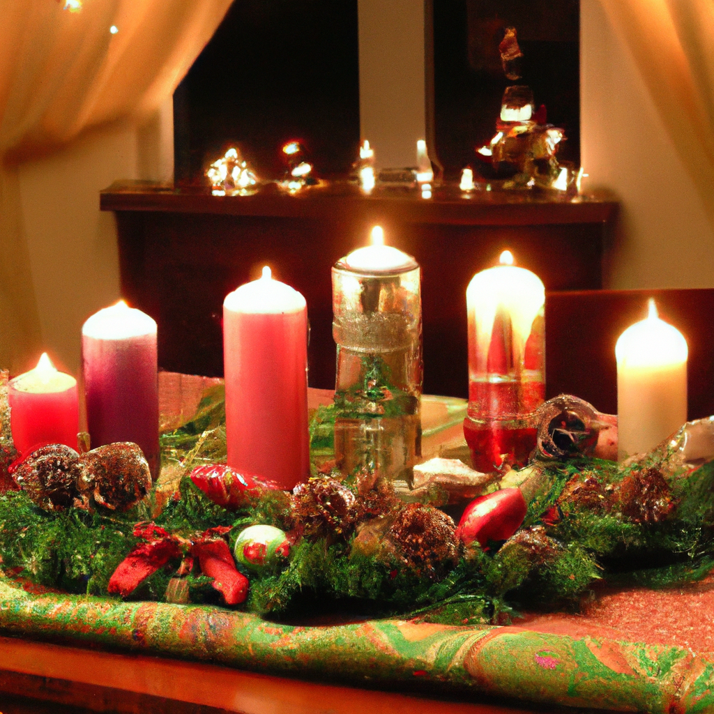 Create an image of a cozy holiday setting featuring a beautifully arranged advent candle set as the focal point. The scene showcases a variety of top-picked candle sets with unique designs and vibrant colors. Each set is positioned on a mantle or table surrounded by festive decor, such as evergreen garlands, pinecones, and twinkling fairy lights. In the background, a softly glowing fireplace adds warmth to the scene, emphasizing the inviting and joyful ambiance of the holidays. Include subtle tags or labels next to each set, highlighting their unique attributes and why they are standout choices for the season.