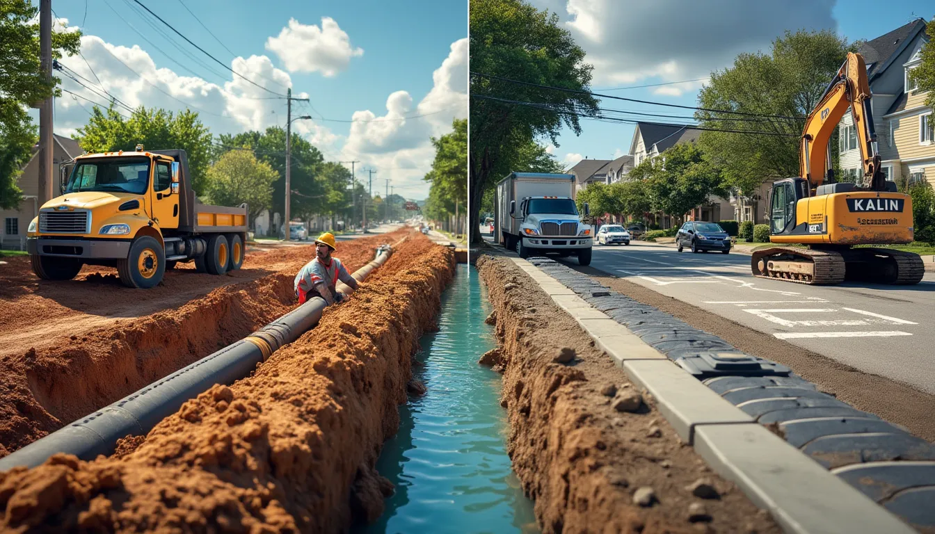 Create an image contrasting two sewer repair methods: On the left, show a traditional excavation site with workers digging and heavy machinery like excavators in use. On the right, illustrate the no-dig techniques with clean streets, a small access point, and advanced technology like a trenchless machine being deployed. The two sides are separated by a visual divide that highlights the modern no-dig innovations as cleaner and less disruptive. Include labels for methods such as Trenchless Technology and Pipe Bursting with visual cues that illustrate their benefits over traditional excavation.