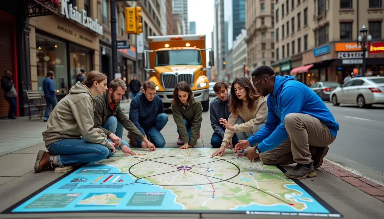Create an image of a bustling city street where a diverse group of people, including homeowners and business owners, are gathered around a large, interactive digital map on the sidewalk. The map displays various sewer repair options, each labeled with icons representing factors like budget, environmental impact, and repair durability. In the background, there are visible signs of different sewer repair techniques, such as a traditional excavation site on one side and a no-dig trenchless setup on the other. Emphasize the decision-making process as people engage with the map, analyzing and discussing the best dig it sewer repair solutions for their needs. The overall vibe should be informative and collaborative, illustrating the essence of making informed decisions for long-term success.
