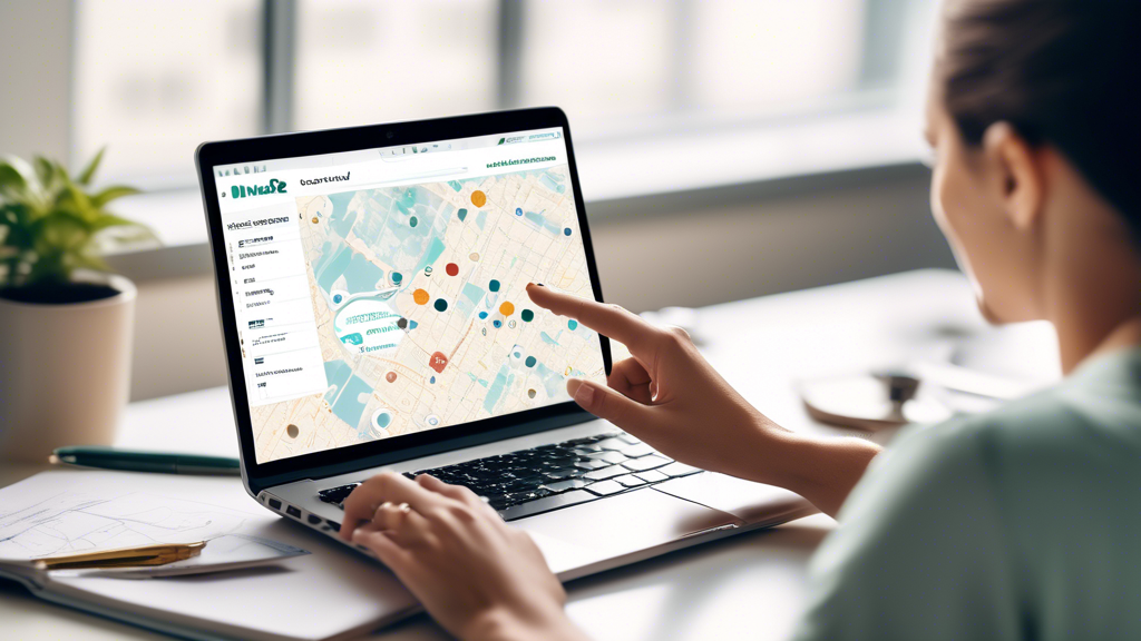 Create an image depicting a person using a laptop, clearly focused on the screen displaying a detailed online directory of certified DOT physical MDs. The screen shows a map with several pins indicating locations of nearby medical examiners. Around the laptop, there are physical elements like a coffee cup, notepad, and a smartphone displaying search results, symbolizing the use of local resources. The atmosphere is studious and informative, emphasizing the search process and evaluation of medical examiner credentials.