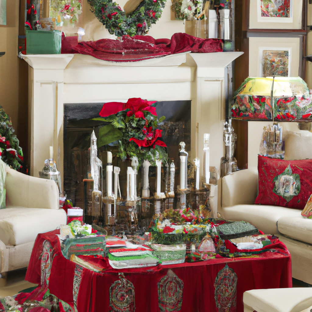 Create an image of a beautifully decorated holiday living room showcasing Jo Loves Christmas candles. The room is cozy and inviting, with a large fireplace adorned with festive garlands and stockings. Place an assortment of Jo Loves candles on the mantel in elegant holders, each one illuminating the space with a warm glow. In the foreground, display a coffee table lined with a lush evergreen centerpiece and small accents of red and gold ornaments. On the side, position a plush armchair with a soft throw blanket and a side table that holds a cup of hot cocoa and an open book. The room is designed to evoke a sense of warmth and holiday spirit, perfectly integrating the Jo Loves candles into the festive decor.
