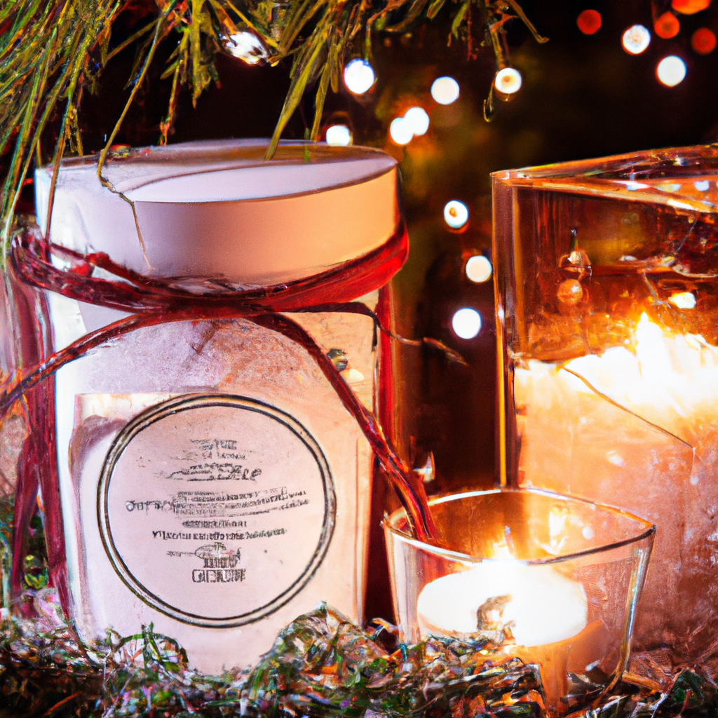 A cozy holiday scene featuring a beautifully wrapped Jo Loves Christmas candle set against a festive backdrop. The candle is elegantly packaged, exuding luxury and warmth, and surrounded by cheerful holiday decor like pine branches, ornaments, and twinkling fairy lights. Accompanying the candle are handwritten gift tags, colorful ribbons, and miniature gift boxes, suggesting it as an ideal present. In the background, softly blurred, a Christmas tree with glowing lights and soft snow gently falling outside a window enhance the spirit of gift-giving during the festive season. The overall atmosphere should express joy, warmth, and the thoughtful, heartwarming appeal of gifting Jo Loves Christmas candles.