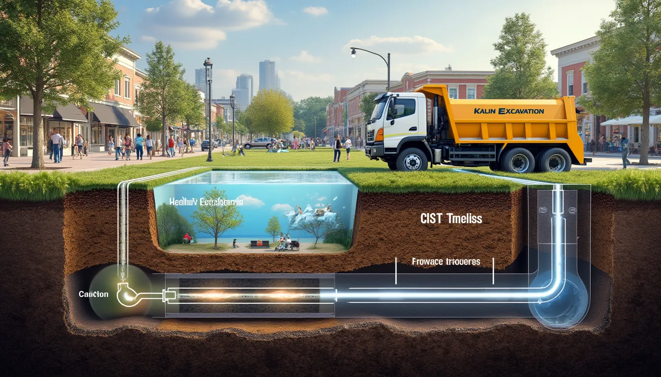 Create an image illustrating the environmental and economic benefits of trenchless piping technology. The scene shows a vibrant urban area with minimal surface disruption above ground, where people are enjoying a park and bustling streets with shops. Below ground, depicted through a transparent cross-section, trenchless piping installations are being conducted seamlessly without disturbing the surface. Include elements like healthy ecosystems, preserved landscapes, and digital overlays showcasing cost and time efficiency, represented by infographics or graphs, highlighting the advantages of using this advanced technology for pipeline installation and repair.