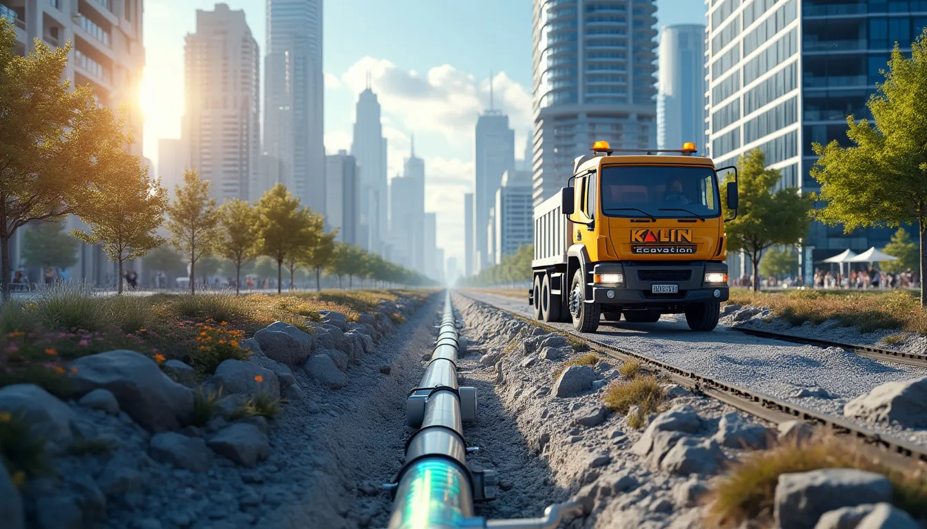 Create an image illustrating a futuristic urban landscape with advanced trenchless piping technology at the forefront. The scene includes a bustling cityscape where sleek, modern buildings tower over, integrated with visible pathways underground showcasing innovative piping systems. Highlight elements such as advanced machinery working seamlessly without surface disruption, depicting the technology
