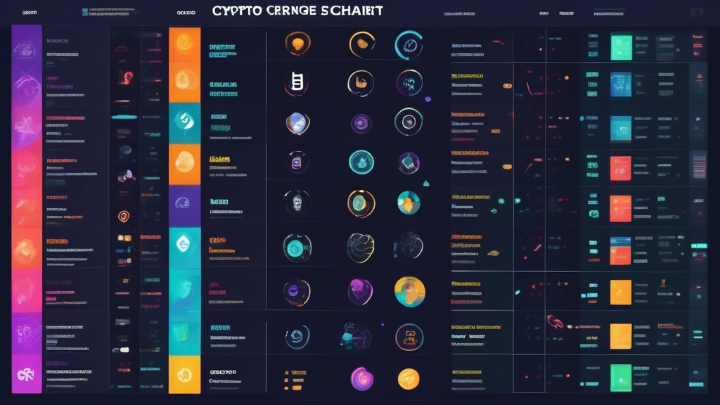 Create an image that showcases a dynamic and colorful comparison chart, featuring the top US crypto exchanges. Each exchange is represented with distinct icons, illustrating their unique features such as trading platforms, range of supported cryptocurrencies, security measures, customer service, and fiat currency integration. Highlight key benefits distinct to US-based exchanges, like advanced security and seamless customer support, with visual emphasis. Incorporate stylized graphs and charts that detail fee structures, transaction limits, and user accessibility, aiding in the investor’s decision-making process. The background should reflect a digital, modern aesthetic, symbolizing the innovative and cutting-edge nature of the cryptocurrency world.