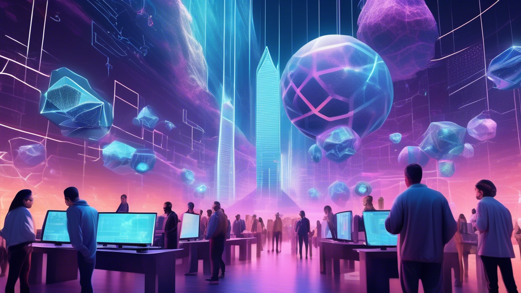 Create an image that visualizes the future of US crypto exchanges amidst a tumultuous market. The scene should depict a futuristic digital landscape with towering blockchain structures and dynamic DeFi networks weaving through the environment. In the foreground, a diverse group of people with expressions of curiosity and determination engage with holographic interfaces showing US crypto exchanges on one side and dynamic charts on the other, symbolizing market volatility. Include elements like digital currencies flowing between the structures, representing the adoption and seamless integration of cryptocurrencies into the mainstream financial systems. The color palette should be vibrant yet balanced, reflecting both the challenges and opportunities of this evolving market.