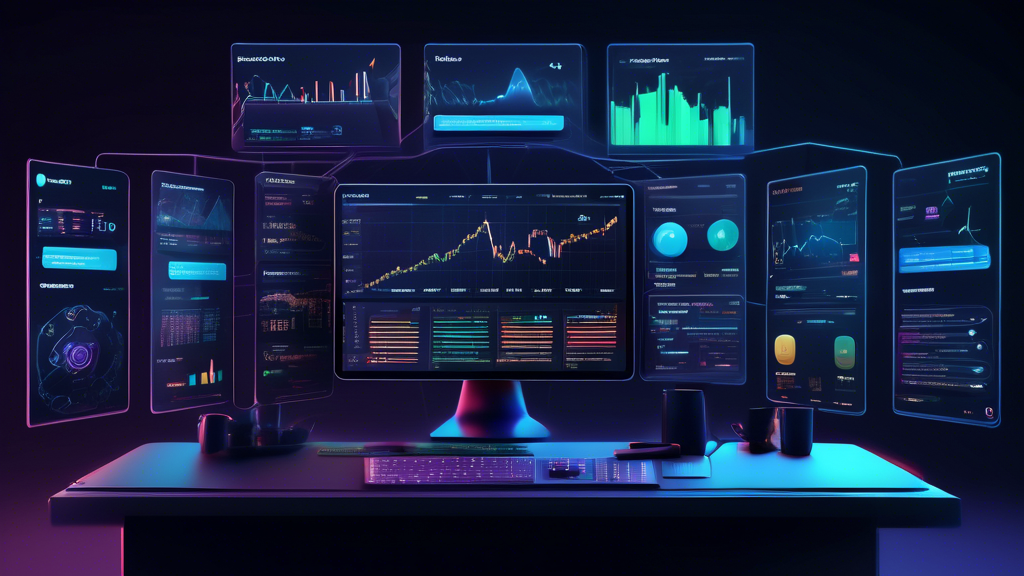 Create an image that showcases the key features and functionalities of the BKEX cryptocurrency trading platform. The scene should depict a futuristic, high-tech workspace with several digital screens displaying graphs, charts, and trading interfaces. Include visual elements that represent margin trading, futures, and diverse investment options. Highlight the user-friendly design by featuring streamlined navigation and analytical tools on the screens. Incorporate icons or symbols that represent security and privacy, such as padlocks or shields, to emphasize BKEX