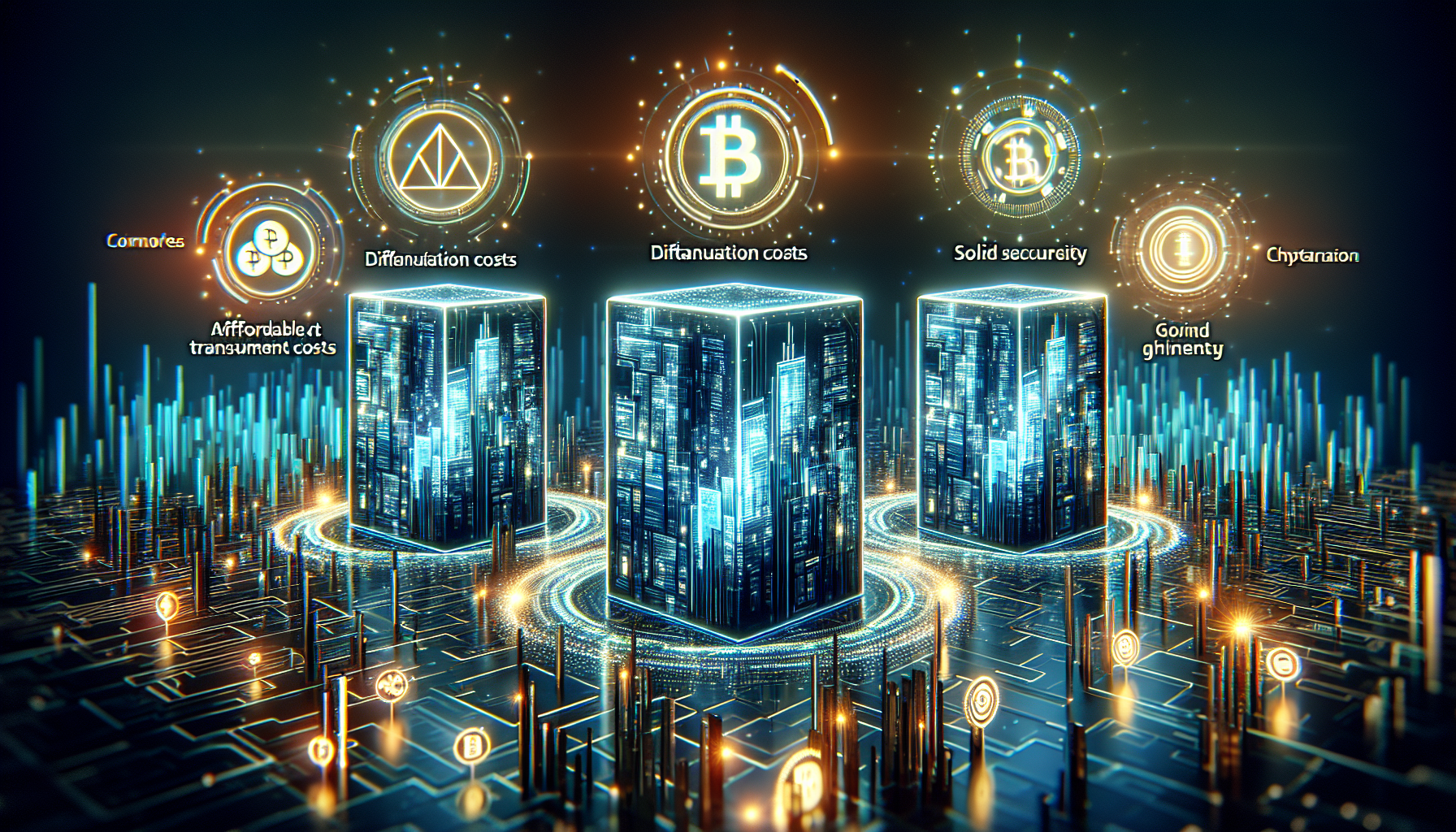 Create an image showcasing a futuristic digital landscape representing the year 2023, featuring three distinct, secure, and highly reputable cryptocurrency investment platforms. Each platform is visually represented as advanced digital buildings, with glowing holographic interfaces displaying user-friendly dashboards. Highlight unique features through symbols, such as low transaction fees, diverse investment options, and robust security icons. The scene should evoke a sense of trust and innovation, with the platforms illuminated against a backdrop of abstract blockchain networks and digital graphs, signifying growth and reliability in the crypto world.