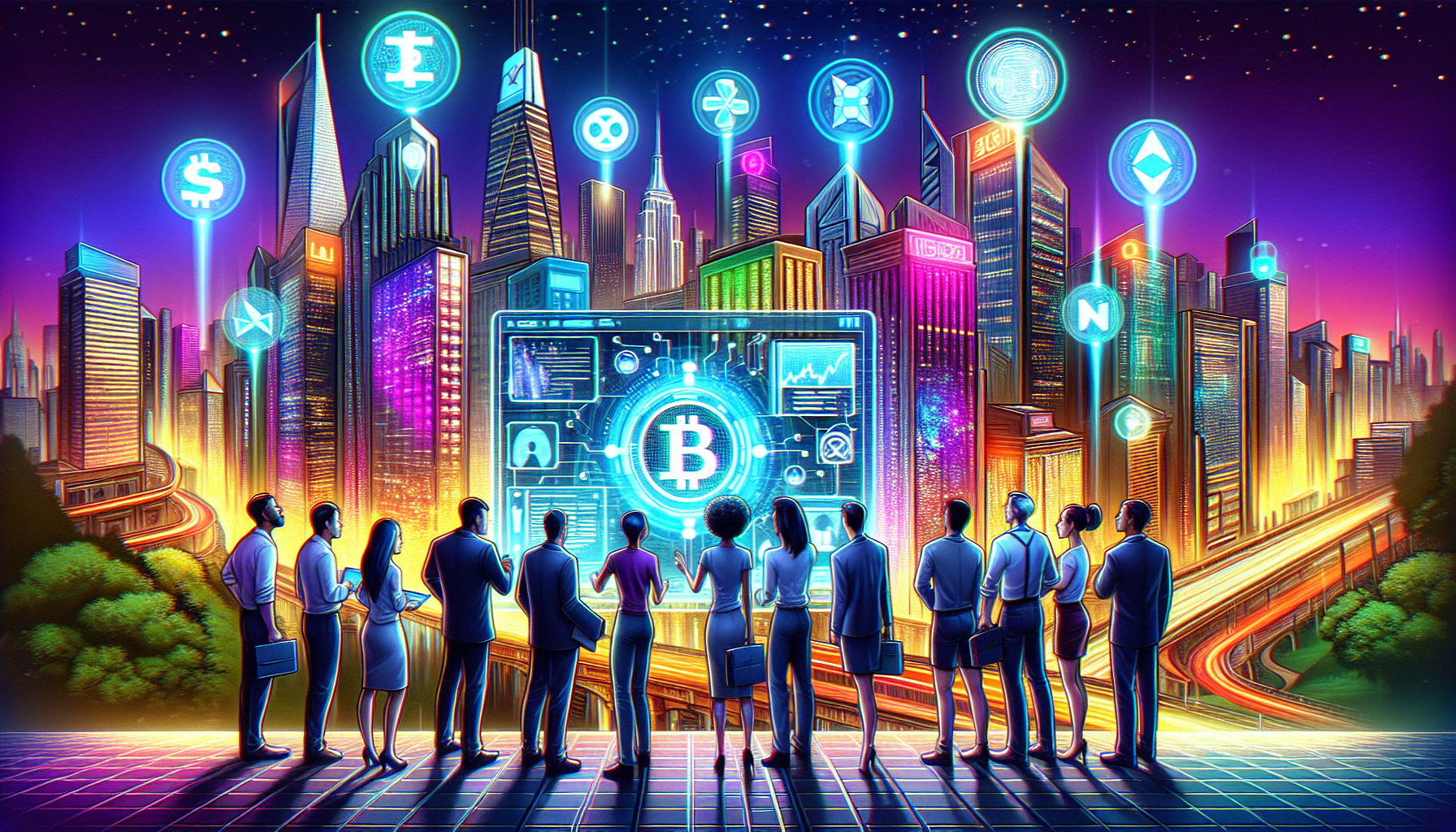 Create an image that portrays a futuristic cityscape symbolizing the world of cryptocurrency. In the foreground, a diverse group of individuals is gathered around a holographic display screen showing various crypto investment platforms. Each individual is attentively examining the display, which highlights key elements like security protocols, user reviews, and ease of use. The scene is bathed in vibrant neon lights, with the city’s skyline featuring digital currency symbols glowing atop skyscrapers. This image should capture the essence of making informed and secure choices in the cryptocurrency market, emphasizing the importance of selecting the right and legit platform.