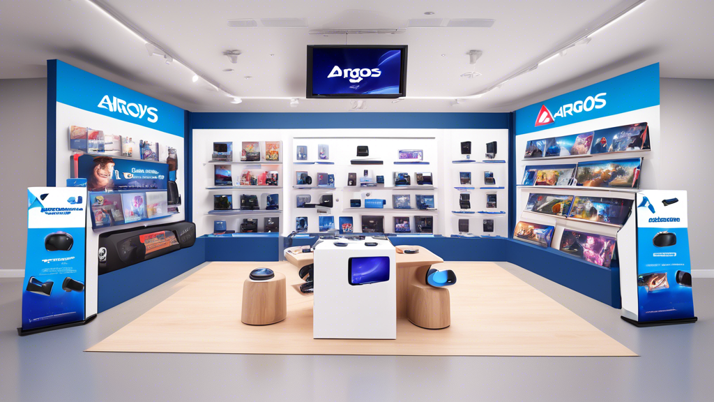 Generate an illustration featuring a cozy and inviting in-store setup at Argos, showcasing a variety of PlayStation VR bundles prominently on display. Highlight educational signage detailing exclusive PlayStation VR options available only at Argos, emphasizing unique selling points like special bundles and warranty options. Include smiling customers reading positive reviews displayed on tablets or screens, emphasizing an excellent shopping experience. Make sure the store