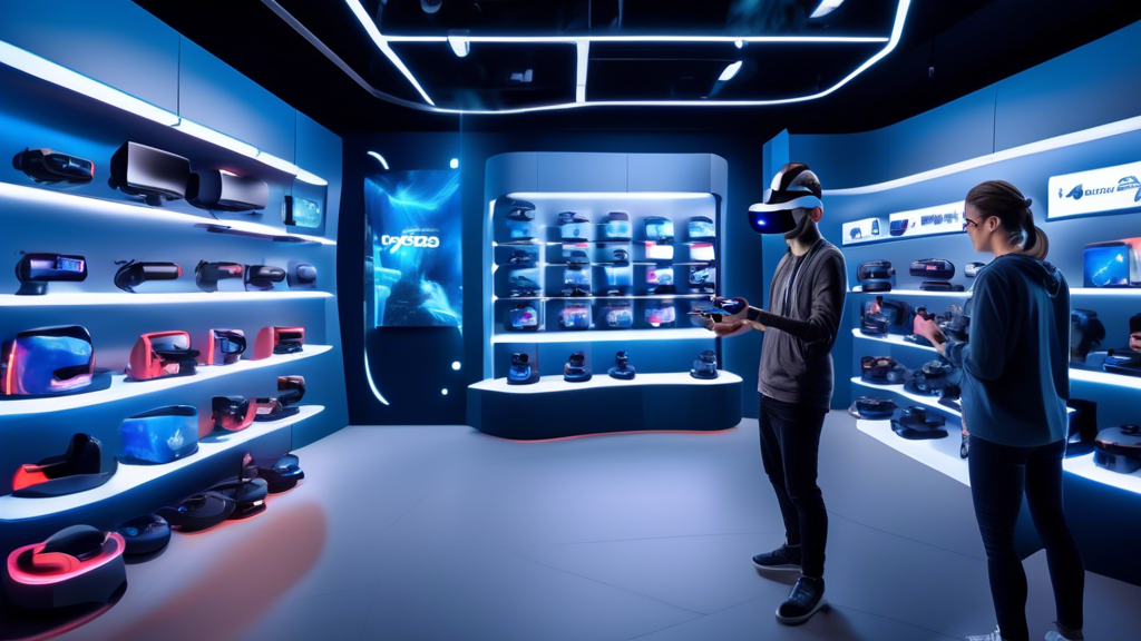 Create an image depicting a knowledgeable tech expert in a futuristic VR showroom filled with various PlayStation VR models and accessories at Argos. The expert is providing advice to a customer on selecting the best VR option to suit their gaming preferences. The scene should include shelves lined with VR headsets, controllers, and game boxes, showcasing a variety of compatible games and essential accessories. The environment is modern and sleek, emphasizing a high-tech, immersive shopping experience. Include visual cues such as interactive displays and digital screens highlighting keywords like Choosing PlayStation VR at Argos and Best PSVR Games Available.