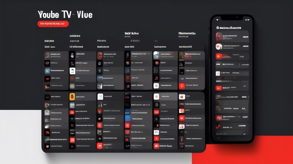 Create an image that depicts a variety of YouTube TV subscription plans displayed on a digital comparison chart. The chart should feature visual elements such as icons representing different features like number of channels, DVR storage, and monthly cost. Include user-friendly graphical elements like sliders or checkboxes to signify customization options. The background should include subtle imagery representing streaming entertainment such as a film reel or a TV screen. Incorporate a magnifying glass hovering over the chart, symbolizing the detailed comparison process. The overall tone of the image should be informative and sleek, capturing the essence of helping viewers choose the best YouTube TV plan tailored to their needs and budget.