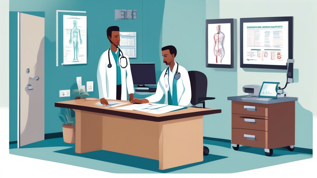 Create an image of a medical examination room with a focus on key components of a CDL permit medical exam. Include a depiction of a certified medical examiner conducting a vision test and a hearing test for a truck driver applicant. Illustrate other exam components like a blood pressure monitor on a nearby desk, along with charts displaying criteria for assessing driver fitness. Convey an atmosphere of professionalism and attention to detail, reflecting the importance of evaluating overall physical health for commercial driving eligibility.