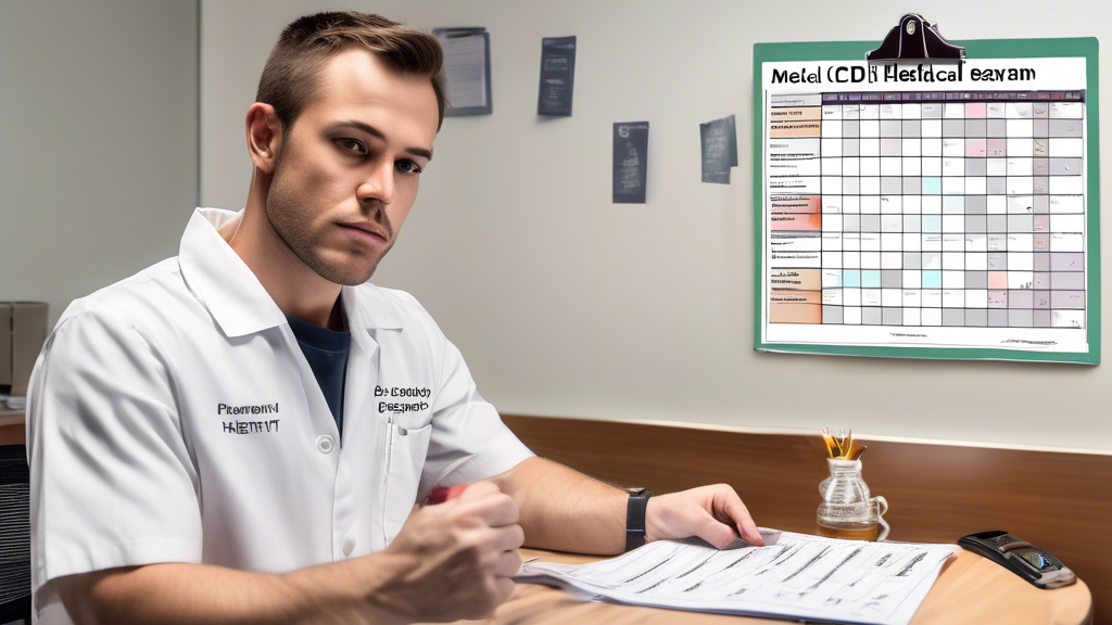 Create an image depicting a driver preparing for a CDL permit medical exam. The scene shows a tidy workspace with a checklist of required documentation, such as medical history forms and identification, laid out neatly on a table. In the background, there is a calendar marked with appointment dates, and motivational notes stuck on the walls, like Stay Healthy! and Renew Every 2 Years! The setting conveys a sense of organization and proactive preparation, with subtle reminders of lifestyle changes, such as a clean water bottle and a fruit bowl, emphasizing health awareness for passing the exam.