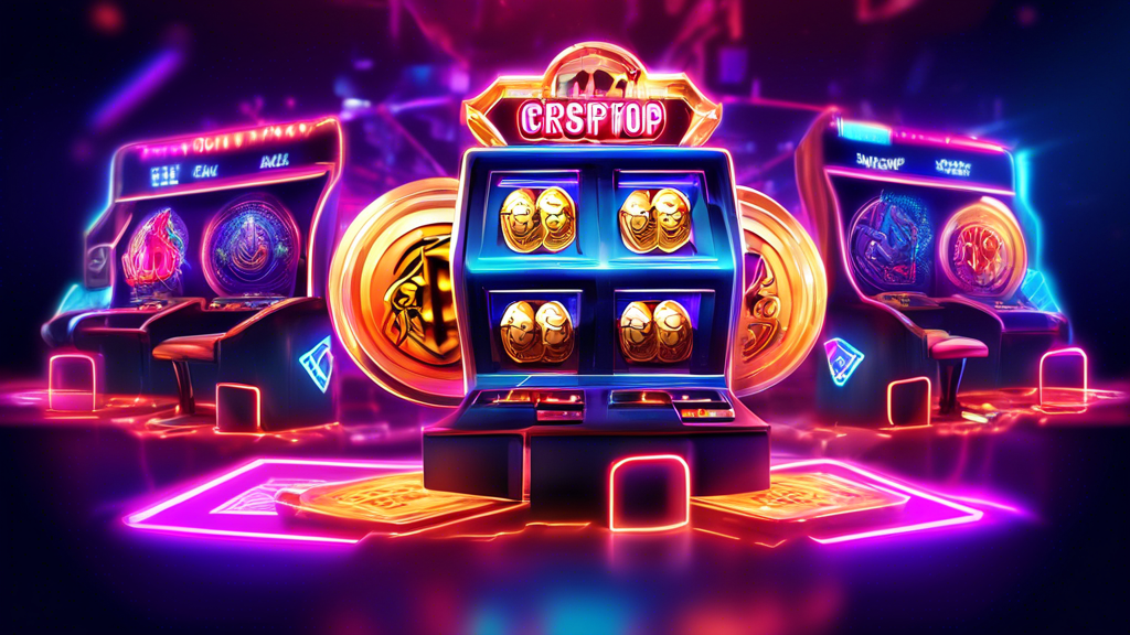 Create an image that showcases the benefits of playing at crypto casinos with no deposit free spins. The scene should depict an exciting, vibrant casino atmosphere with neon lights and digital screens displaying various online slot games. Include elements representing cryptocurrency, such as Bitcoin and Ethereum logos, as well as symbols of privacy, like a lock or shield. Emphasize the idea of a risk-free gaming experience by illustrating players happily engaging with the games without using real money, alongside visual representations of unique promotions and a diverse range of games.
